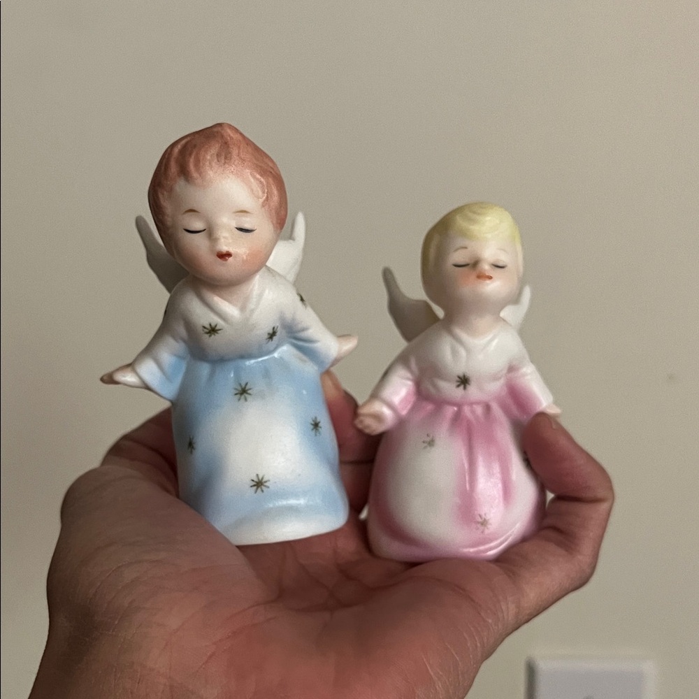 Vintage Schmid Bros Japan Angel Figurines Pair Mid Century Porcelain Gold Star